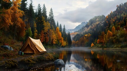 A tranquil autumn scene featuring a camping tent by a calm lake surrounded by vibrant fall foliage, creating a serene outdoor atmosphere.,camping tent