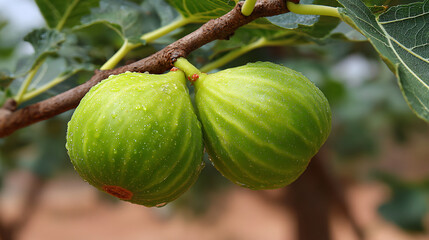 Close-up of unripe green figs growing on a fig tree branch outdoors