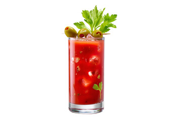 A glass of red drink with a garnish of parsley and olives