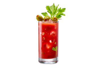 A glass of red drink with a garnish of parsley and olives