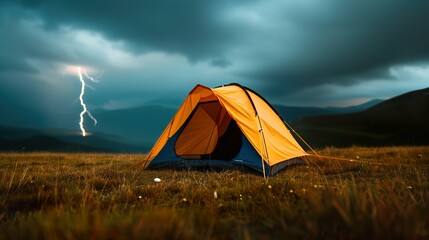 A vibrant orange tent set against a dramatic stormy sky, with lightning illuminating the landscape, conveying a sense of adventure and nature's power.,camping tent