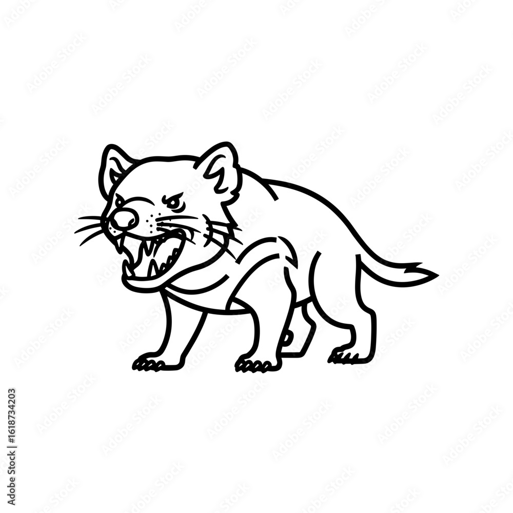 Poster outlined tasmanian devil with bared teeth and fierce expression standing in a menacing posture style