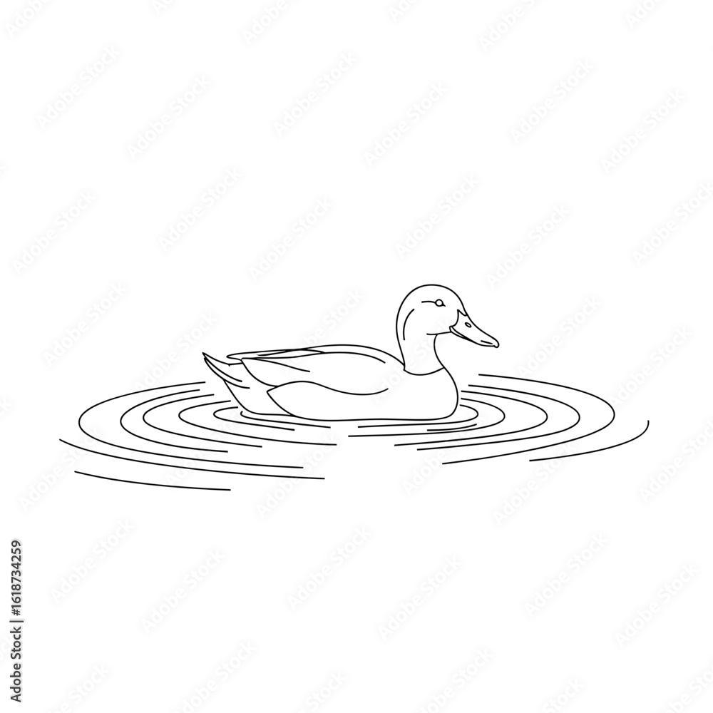 Poster line drawing of a duck swimming in water creating ripples around it in a serene environment view