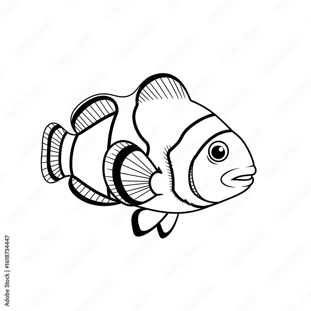 Poster illustration of a clownfish with distinct markings and fins rendered in a sketch style drawing forma