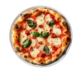 Delicious neapolitan pizza with fresh basil and melted mozzarella cheese on a white plate