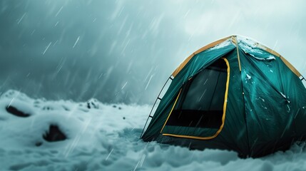A vibrant green tent stands resilient in a snowy landscape under a rainstorm, showcasing adventure and survival in nature's harsh elements.,camping tent
