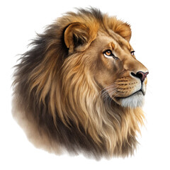 Majestic male lion head portrait isolated on transparent background
