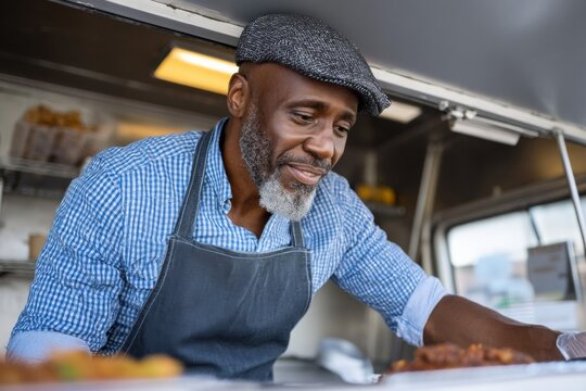 African male adult chef working in food truck with apron and cap - Powered by Adobe