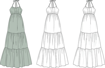 Halter-neck tiered maxi dress illustration, fashion design concept, flowy silhouette, design variations, elegant summer wear, green dress option
