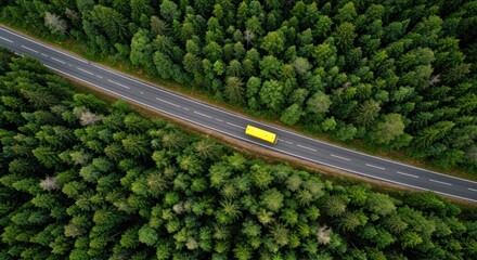 Aerial view of a yellow bus driving on an asphalt road through a dense green forest.