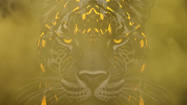 Fierce Digital Leopard Face with Geometric Golden Fractal Patterns and Intense Yellow Eyes Emerging Through Mist