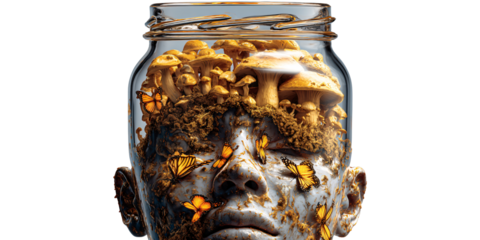 Surreal human head in a jar with mushrooms and butterflies Conceptual artwork of mind, nature, and transformation Dreamlike image of inner world and growth