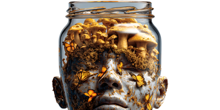 Surreal human head in a jar with mushrooms and butterflies Conceptual artwork of mind, nature, and transformation Dreamlike image of inner world and growth