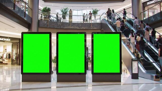 green screen billboard, shopping mall advertising, vertical ad boards, chroma key display, mall billboard mockup, triple billboard setup, green screen signage, indoor advertising screens, mall interio