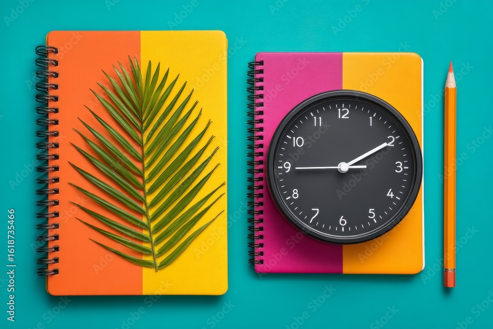 Poster a clock is on a book with a leaf on it