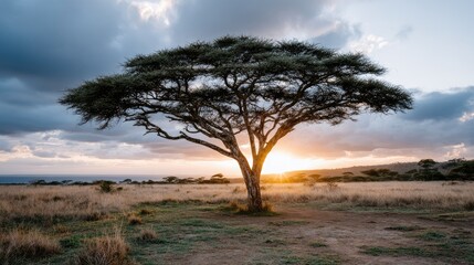 Fototapeta premium Dark skies at sunset create a striking backdrop for the silhouette of an acacia tree, capturing the essence of minimalist urban life