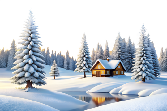 Snowy winter landscape with a cozy cabin nestled among snowcovered trees, reflecting in a calm lake under a bright sky, perfect for holidays isolated on transparent background