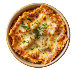 Delicious overhead view of baked lasagna with melted cheese and fresh herbs in bowl