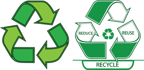 Obraz premium Two green recycling symbols with one showing reuse and reduce text isolated on white background