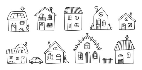 Diverse hand drawn houses with unique architectural elements building home