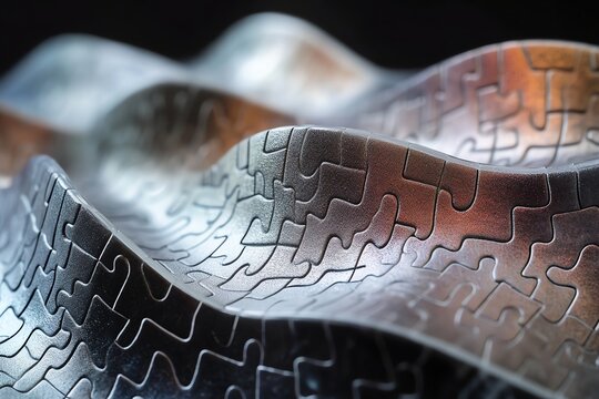 Close-up of metal puzzle pieces creating a wave-like abstract form with reflections.