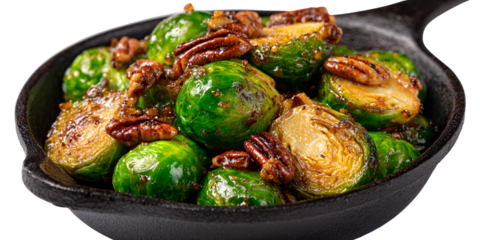 Delicious roasted brussel sprouts with pecans in cast iron skillet, a healthy and tasty side dish or appetizer Concept of gourmet food, vegetarian cuisine, and autumn harvest