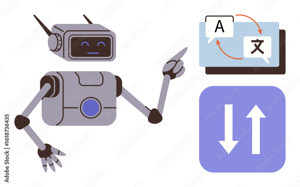 Poster robot pointing at translation interface with directional arrows. ideal for ai, language, education, 