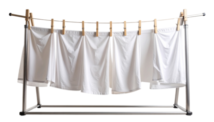  “Minimalist Indoor Clothesline with White Linens, Transparent Background”.