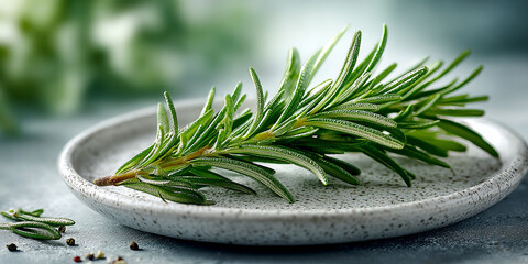 Close-up of rosemary sprigs with oil drops. Rosemary in a handmade plate.