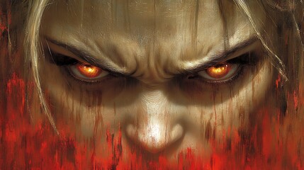 Close-up of a fierce face with glowing eyes.