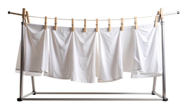  “Minimalist Indoor Clothesline with White Linens, Transparent Background”.