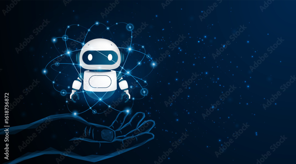 Poster abstract hand holding artificial intelligence robot. modern technology. intelligent assistant robot 