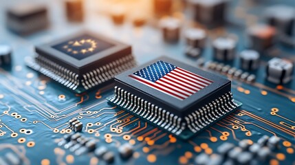 Close-up view of integrated circuits with flags.