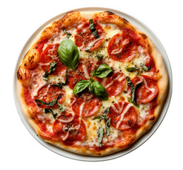 Delicious pepperoni pizza with fresh basil on a white plate ready to eat.