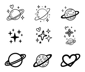 Space planets stars and hearts hand drawn doodle icons galaxy