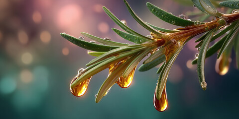 Close-up of rosemary sprigs with oil drops. Rosemary in a handmade plate.