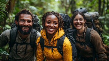 Three hikers smiling in a lush forest.