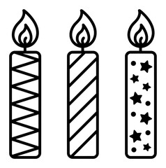Three birthday candles with flame and patterns celebration party