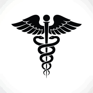 Black caduceus medical symbol with wings on white background