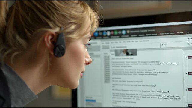 Focused Professional: A close-up shot of a focused professional woman, immersed in her work with a headset, interacting with a computer, showcasing modern communication in a dynamic environment.