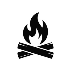 Simple black silhouette icon of a campfire with crossed logs