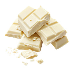 Delicious pieces of white chocolate stacked against a dark white background isolated