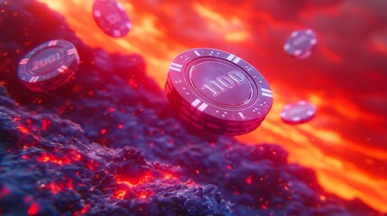 Casino chips float over a fiery landscape.