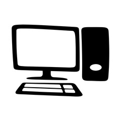 Stylized depiction of a desktop computer, including monitor, keyboard, and tower