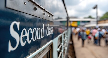Obraz premium Passengers stroll next to a blue train with the designation for second class visible on the carriage door at a bustling railway station.