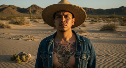 Mexican gangster with skull tattoo and wide-brimmed hat, standing in desert