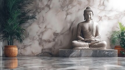 Buddha statue in a modern, peaceful interior setting.