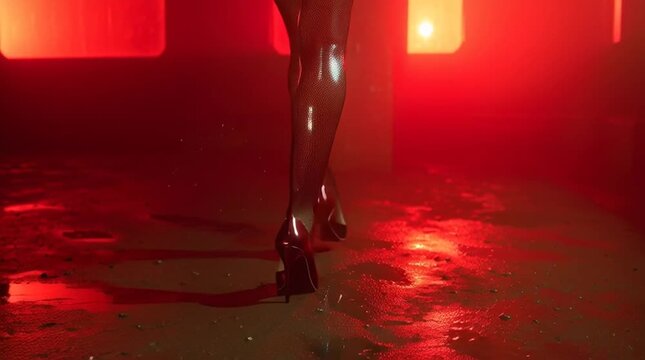 slow tracking shot behind glossy fishnet legs in heels walking across wet reflective floor with red neon fog moody industrial atmosphere cinematic motion and glowing highlights