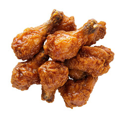 Delicious pile of crispy fried chicken drumsticks on a sleek white background