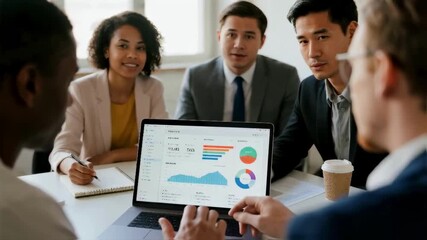 A diverse business team collaborating in a meeting, analyzing financial data and charts on a laptop screen, a concept for corporate strategy, teamwork, and data-driven decisions - Powered by Adobe